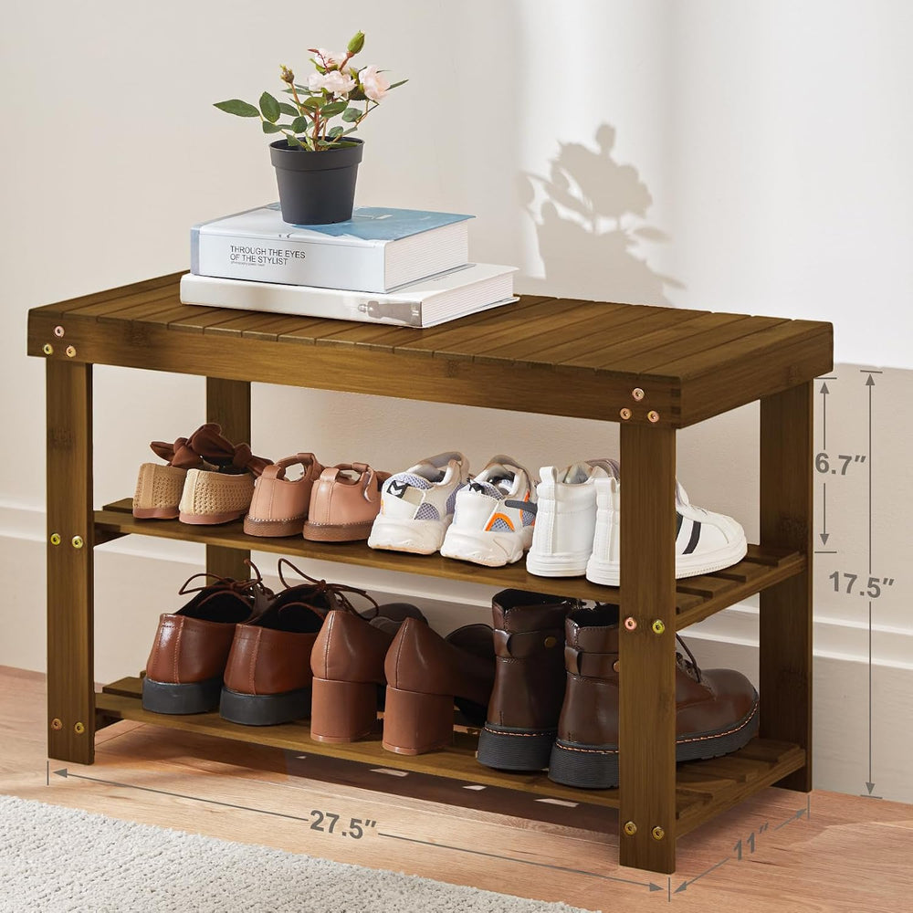Pipishell 3 Tier Bamboo Shoe Rack Bench for Entryway, Yellow Brown