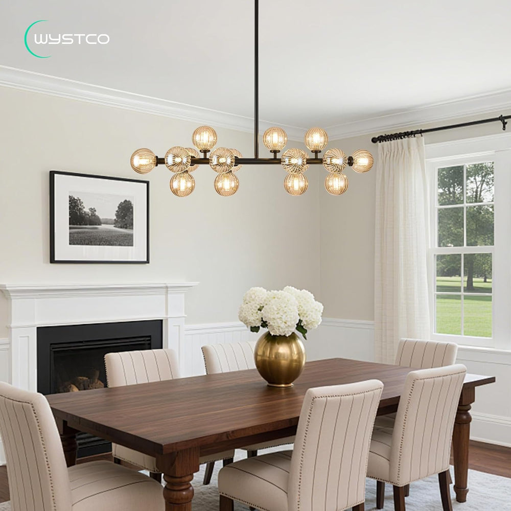 16-Light Glass Globe Sputnik Chandelier, Linear Dining Room Light Fixture Ove...