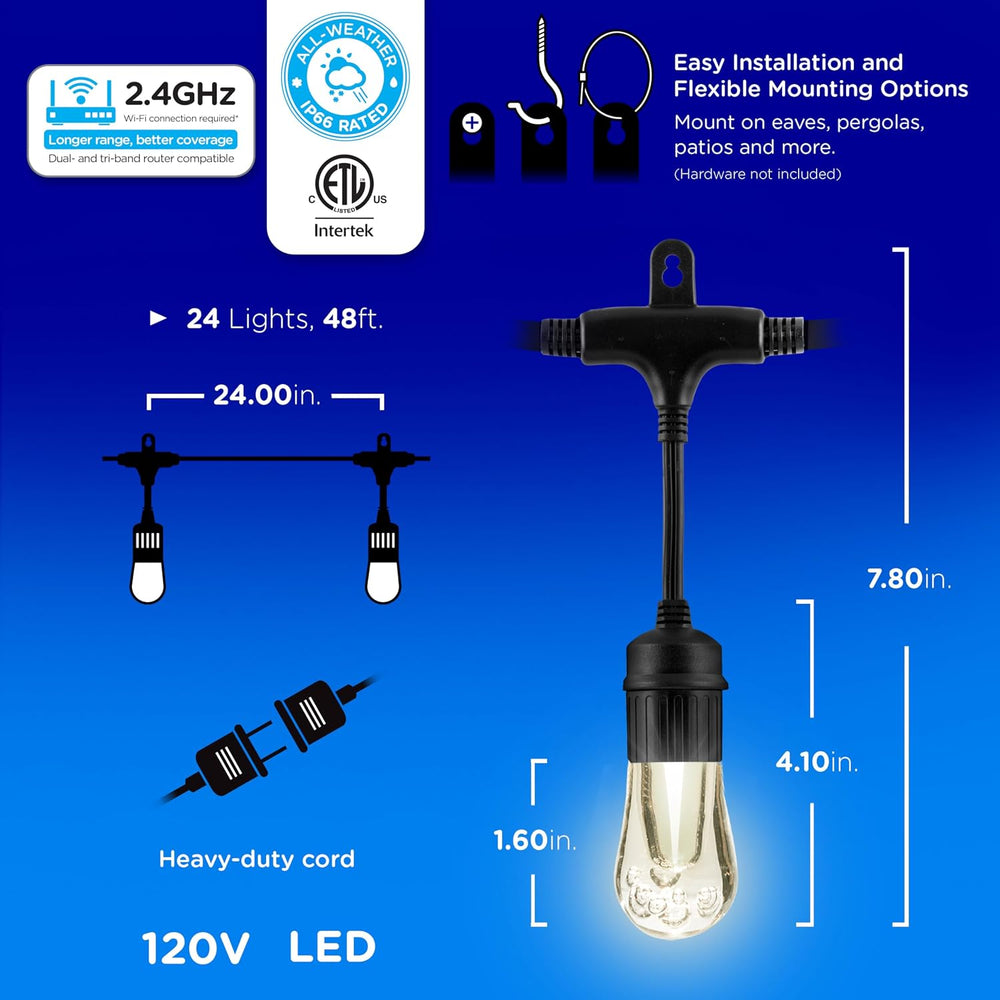 Enbrighten Vintage Outdoor String Lights, 48ft, 24 Bulbs, Smart