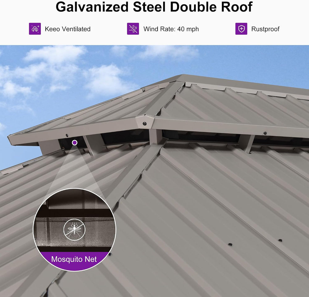 PURPLE LEAF Patio Gazebo 12' x 16' Champagne Galvanized Steel Double ...