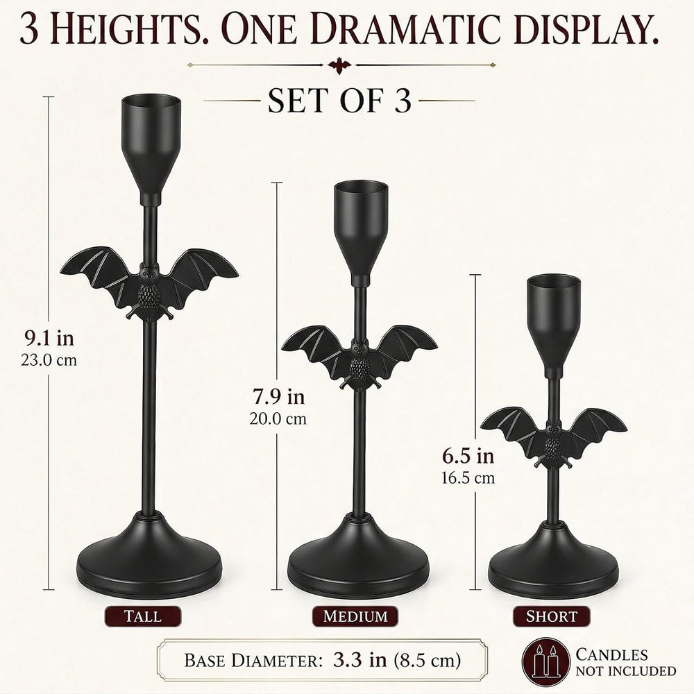 Ceenna 6 Pcs Halloween Bat Candle Holders, 3 Size Black Taper Candle Holder