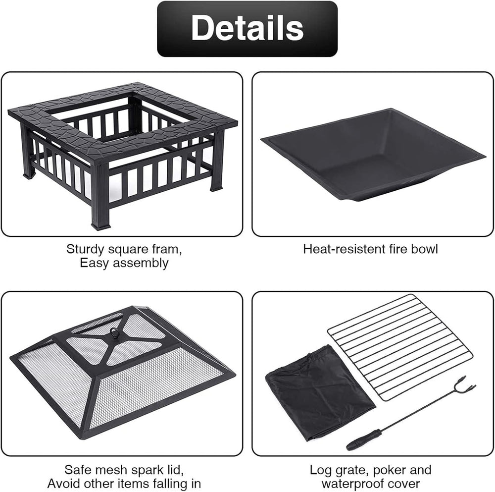 32'' Fire Pit Wood Burning Firepit Metal Square Outdoor Fire Pit Stee...