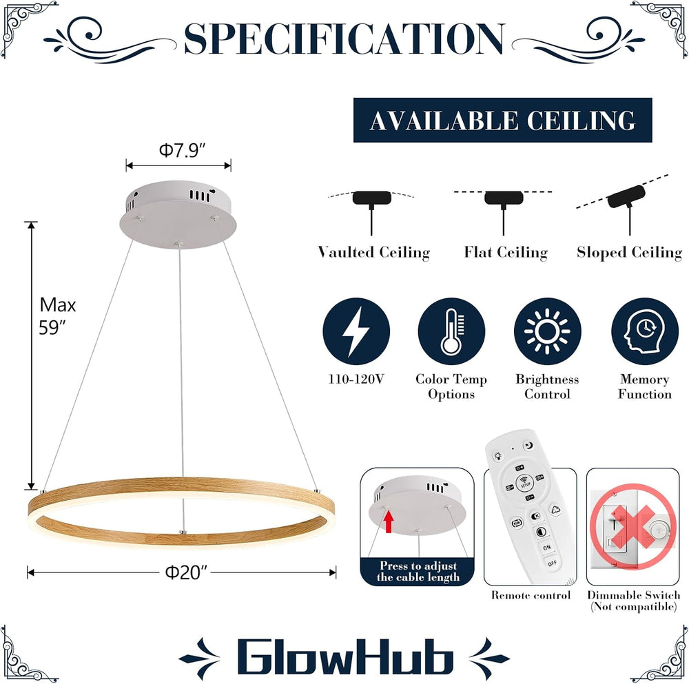 Ring Chandelier LED Wood Grain Round Chandeliers Modern Farmhouse Pendant Lig...