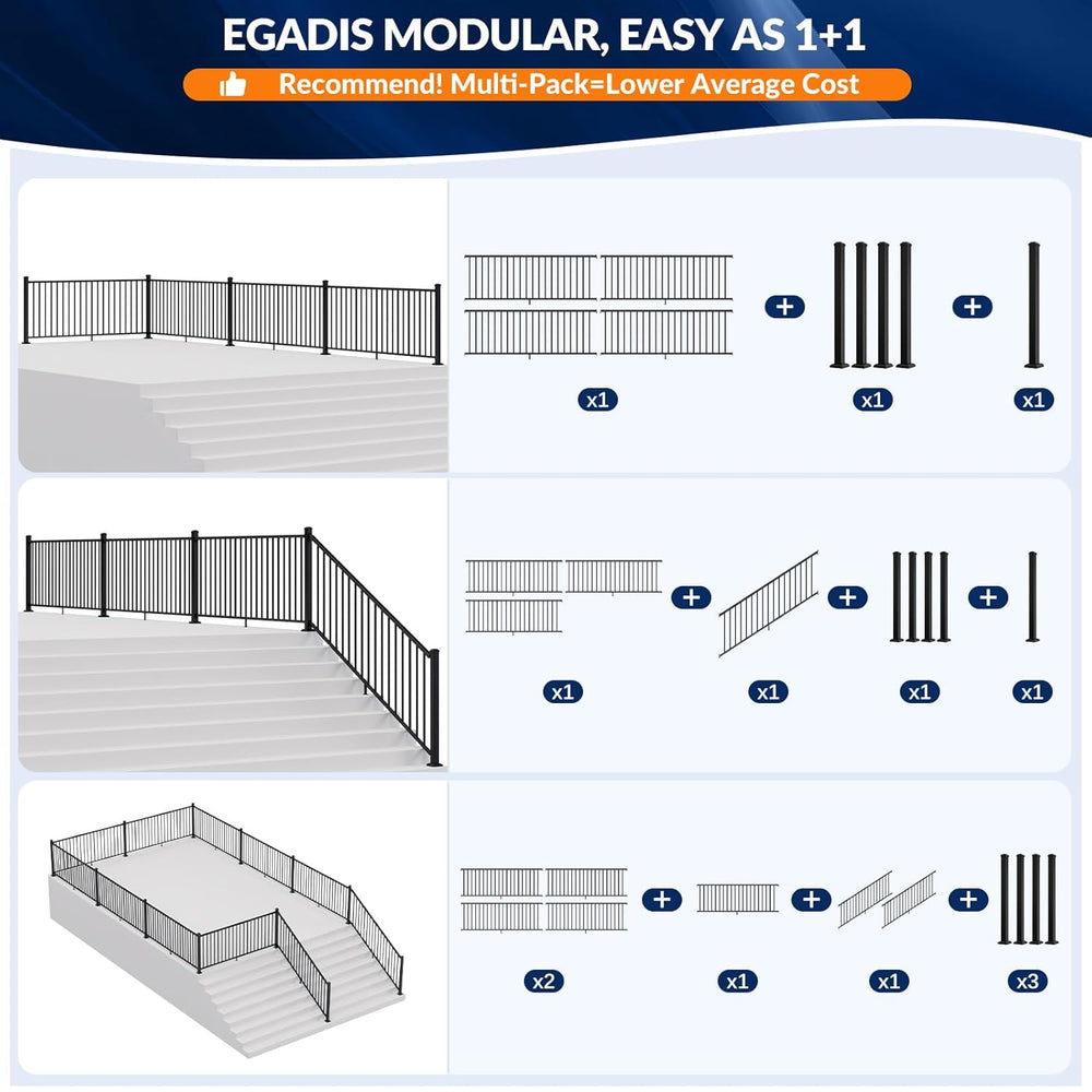Egadis 1 Pack 36 in x 8 ft Aluminum Porch and Deck Railing Kit Without Post