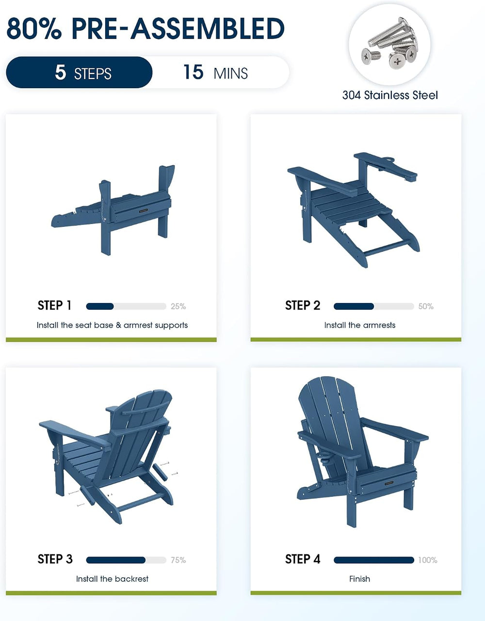 MUCHENGHY Folding Adirondack Chairs Set 4, HDPE for Fire Pit, Navy Blue (Set ...