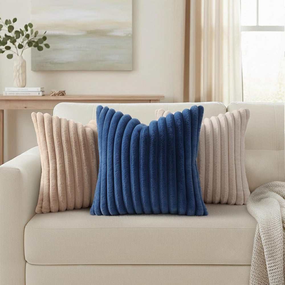 Simmore Faux Fur Striped Tan Throw Pillow Covers 26x26 Set of 2