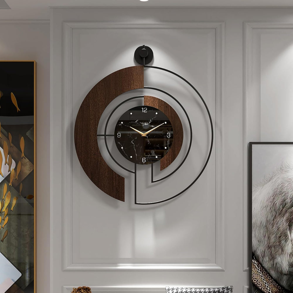 Modern Walnut Marble Dial Wall Clock, Large Wood Metal Frame Silent Non Ticki...