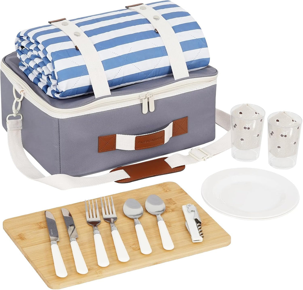 Picnic Basket for 2-Picnic Basket with Waterproof Blanket & Accessories