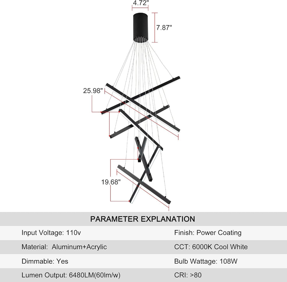 Modern Black LED 8-Light Linear Chandelier, 98.4", for High Ceilings
