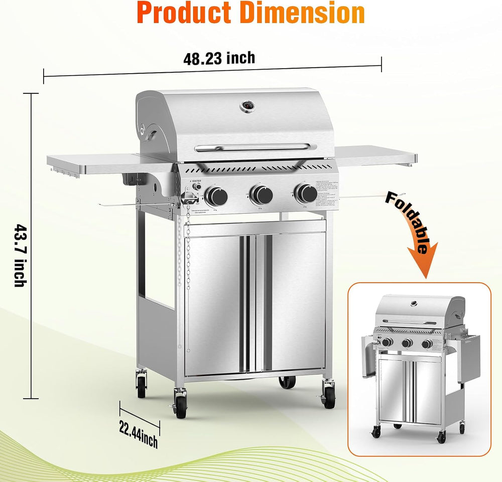 Electactic G31 Gas Grill, 3-Burner Gas Grill with Folding Side Tables,Stainle...