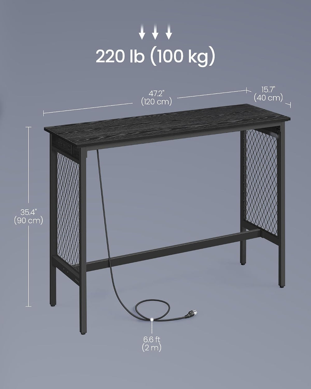 VASAGLE Bar Table with Power Outlets, LED Lights, Computer Desk, 47.2" L