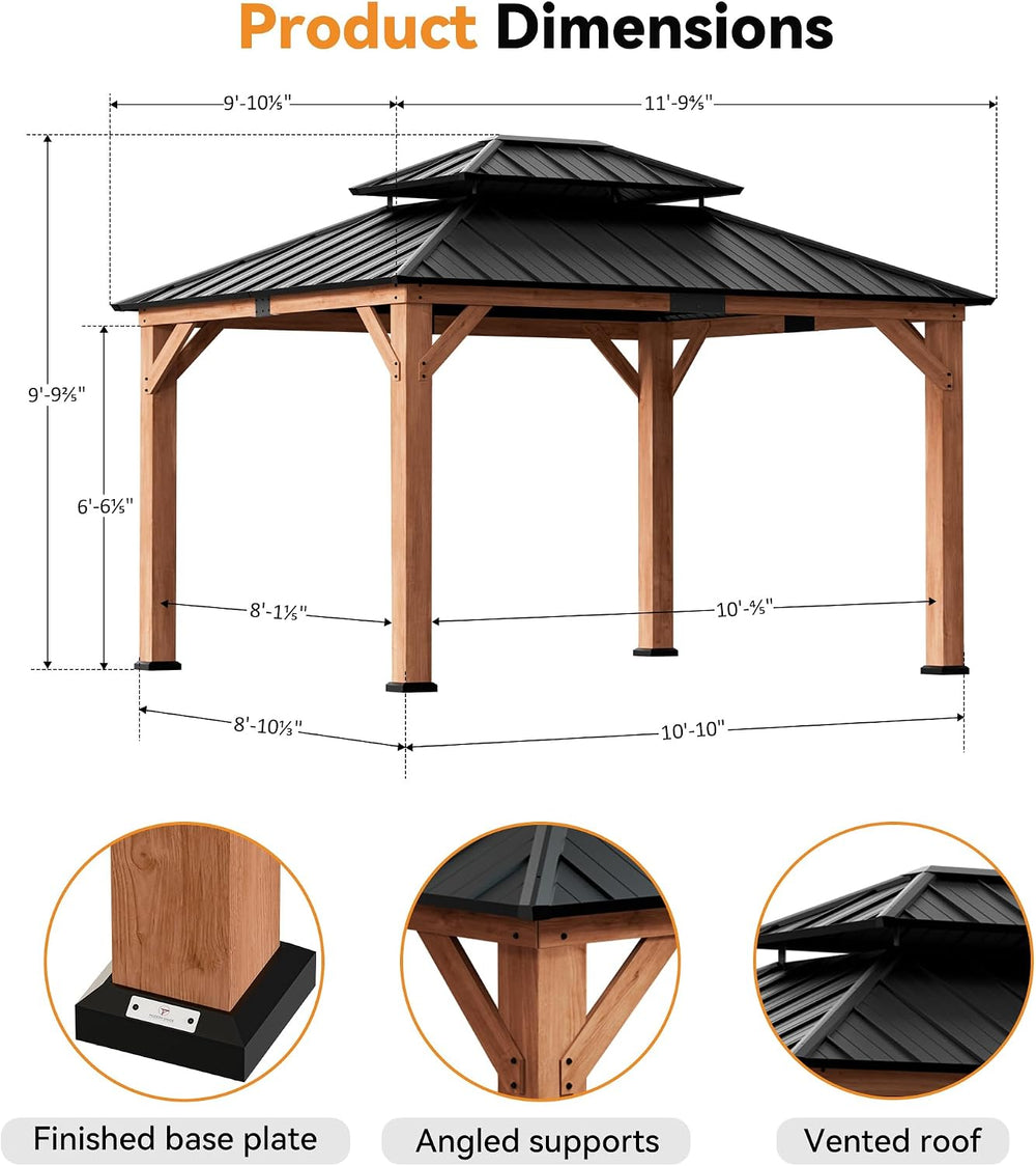 Modern Shade Permanent Wood Gazebo 10x12 with Double Galvanized Steel Roof