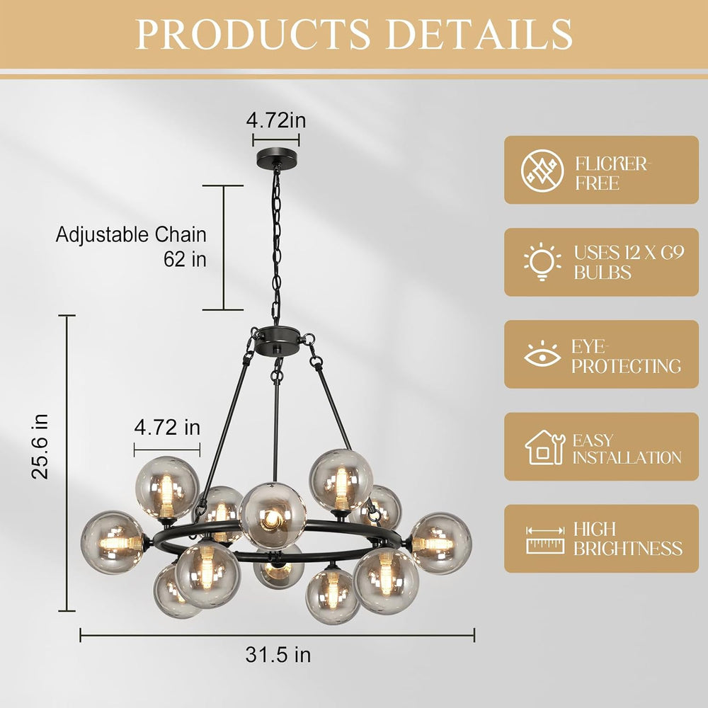 Wagon Wheel Chandelier Modern Sputnik Globe Dining Room Light Fixture 32'...