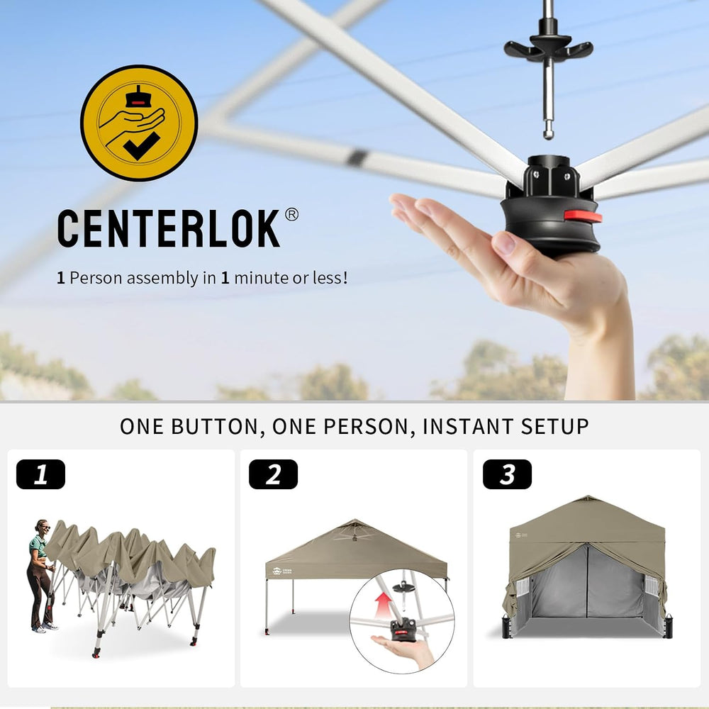 CROWN SHADES 10X10 Pop Up Canopy Tent with Sidewalls, One-Push Setup, Khaki