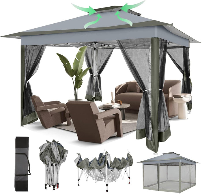 COBIZI 12x12 Pop Up Gazebos On Clearance - Portable Gazebo with Mosquito Nettings- Upgrade Easy Up Outdoor Canopy Waterproof, 4 Ropes 8 Stakes and Carry Bag for Patio Garden(Dark Gray)