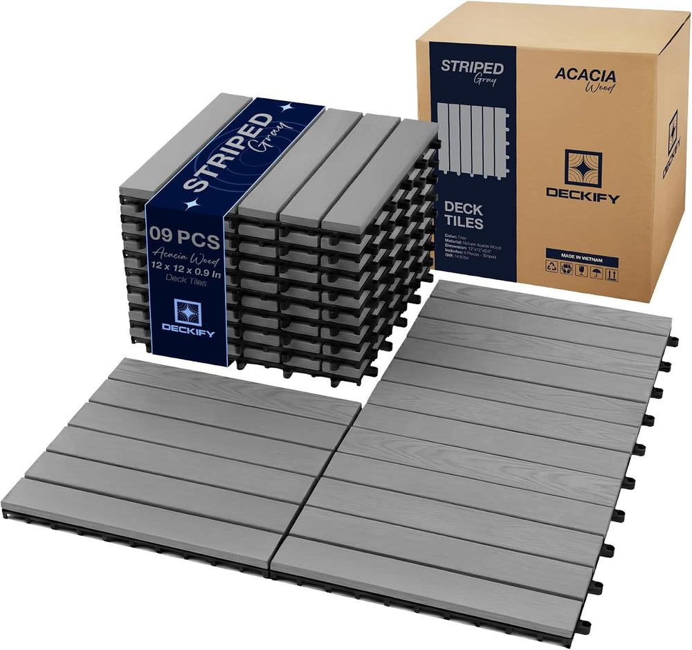 Acacia Interlocking Deck Tiles Outdoor Waterproof All Weather, Grey Striped