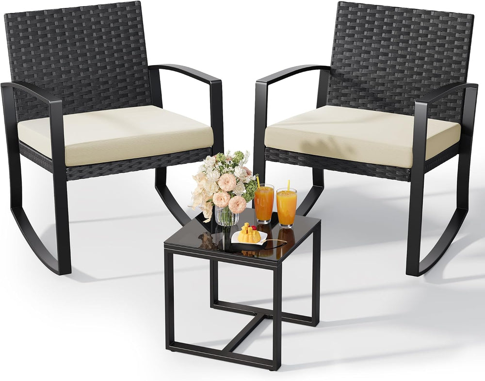 Qsun 3 Pieces Porch Furniture Set Patio Rocking Bistro Set Outdoor Patio Chai...