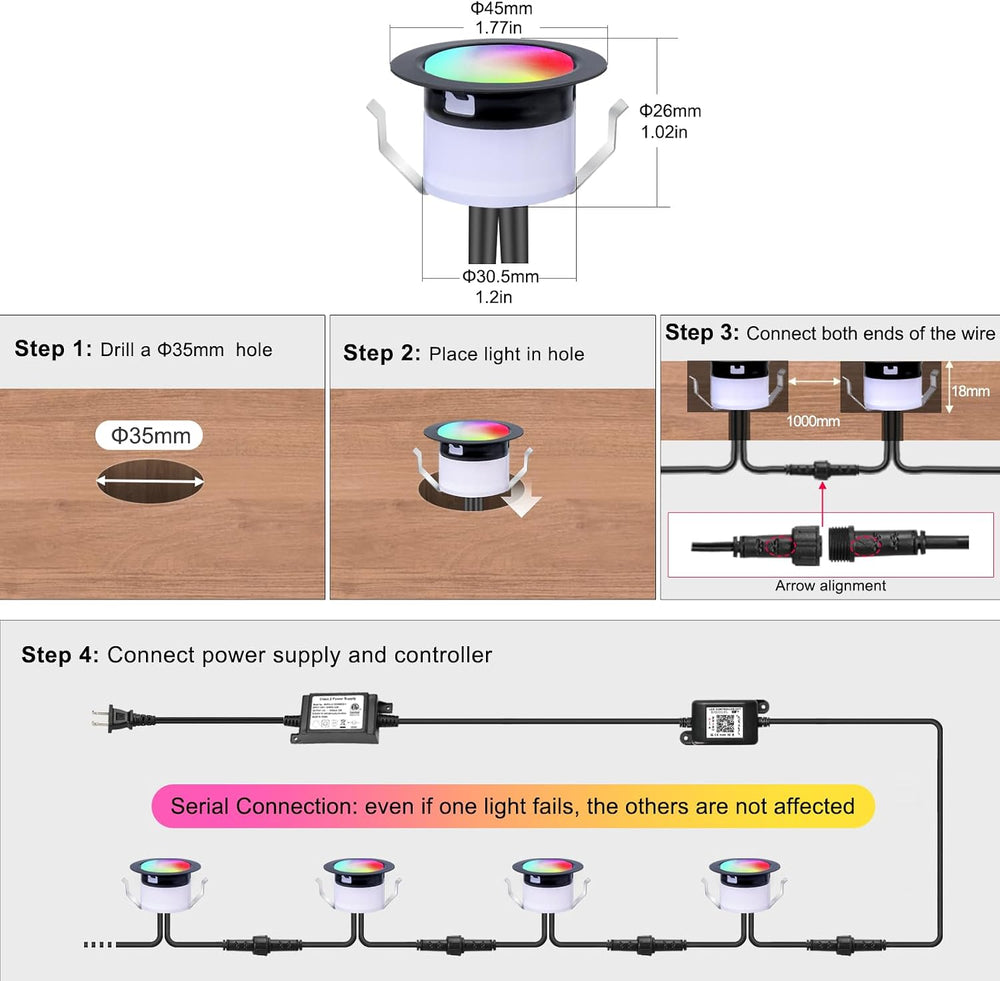 Recessed LED Deck Lights Kit, 6 Pack Φ1.77 WiFi Pixel RGBW+IC Multicolor