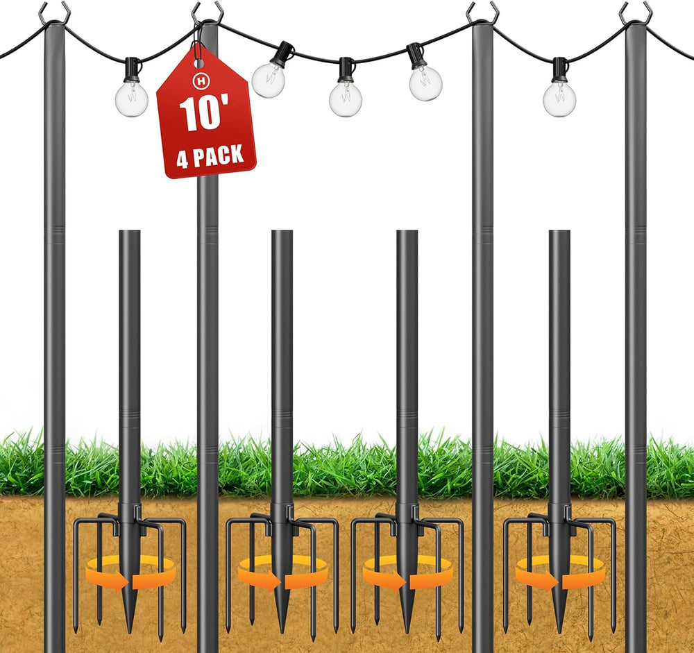 Jusgym String Light Poles for Outside, 10ft Adjustable Metal Poles for Outdoo...