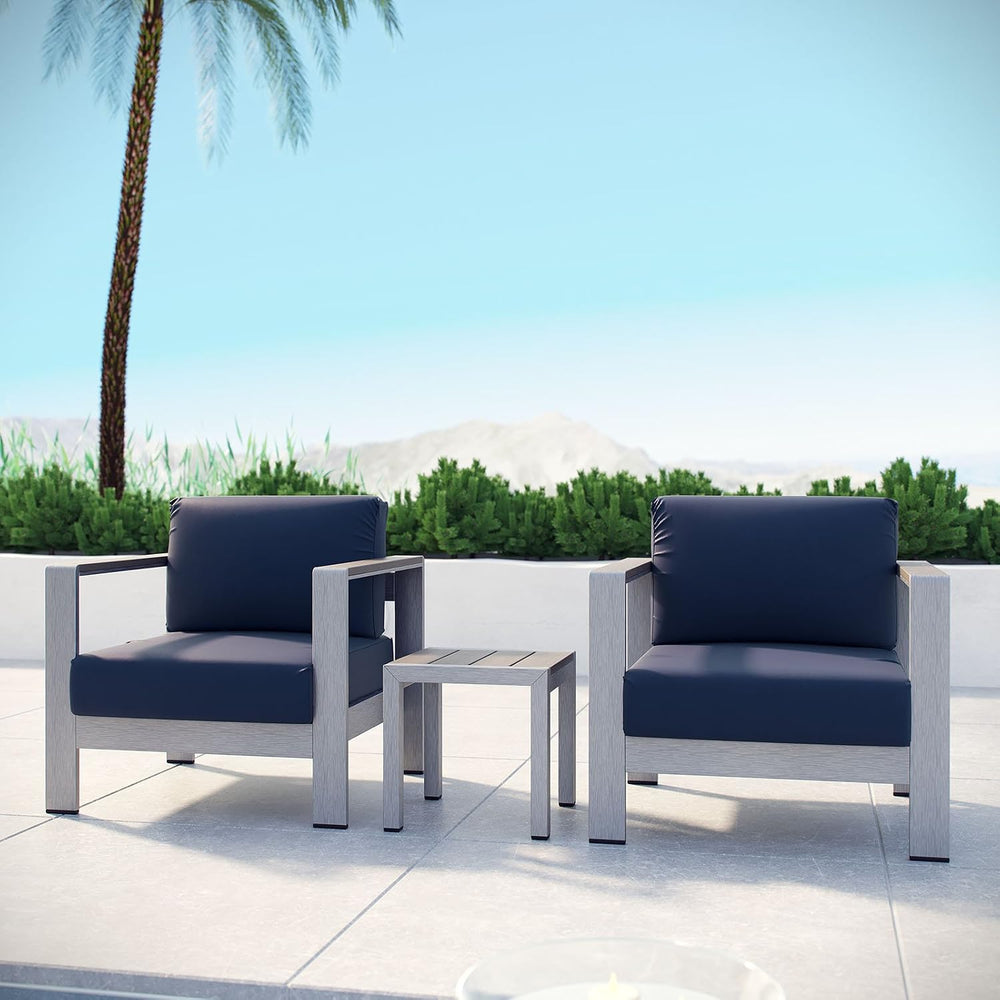 Lexmod Modway Shore 3-Piece Aluminum Outdoor Patio Furniture Set in Silver Navy