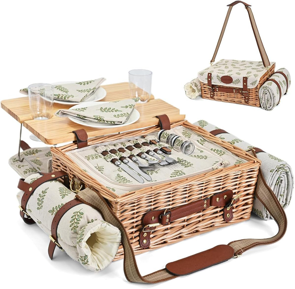 Multifunctional Wicker Picnic Basket Set for 2 with Blanket and Picnic Table,...