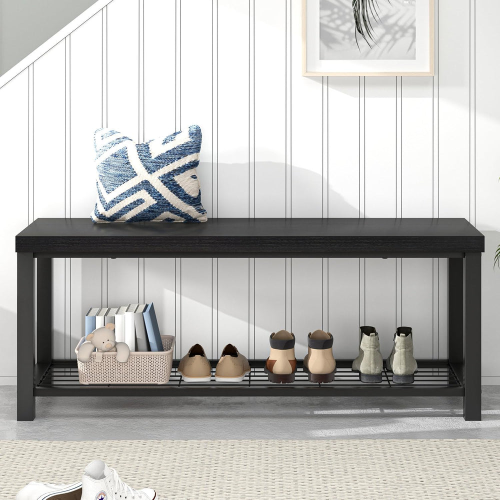 EXCEFUR Entryway Bench, Modern Wood and Metal Storage Bench for Hallway Front...