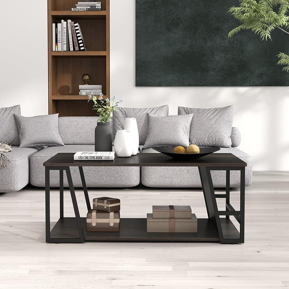 GIANTEX Modern Coffee Table with Storage, 2-Tier Wood Center Table, Brown