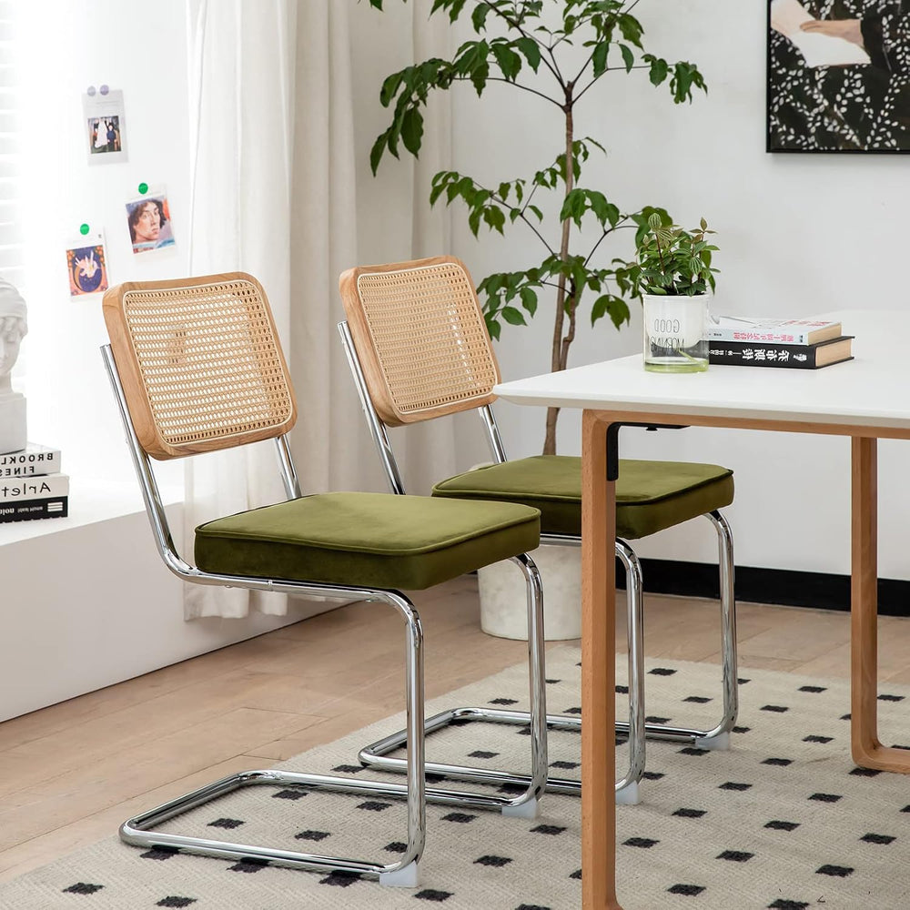 MFFM Rattan Dining Chairs Set of 2, Green Velvet Dining Room Chair with Solid...