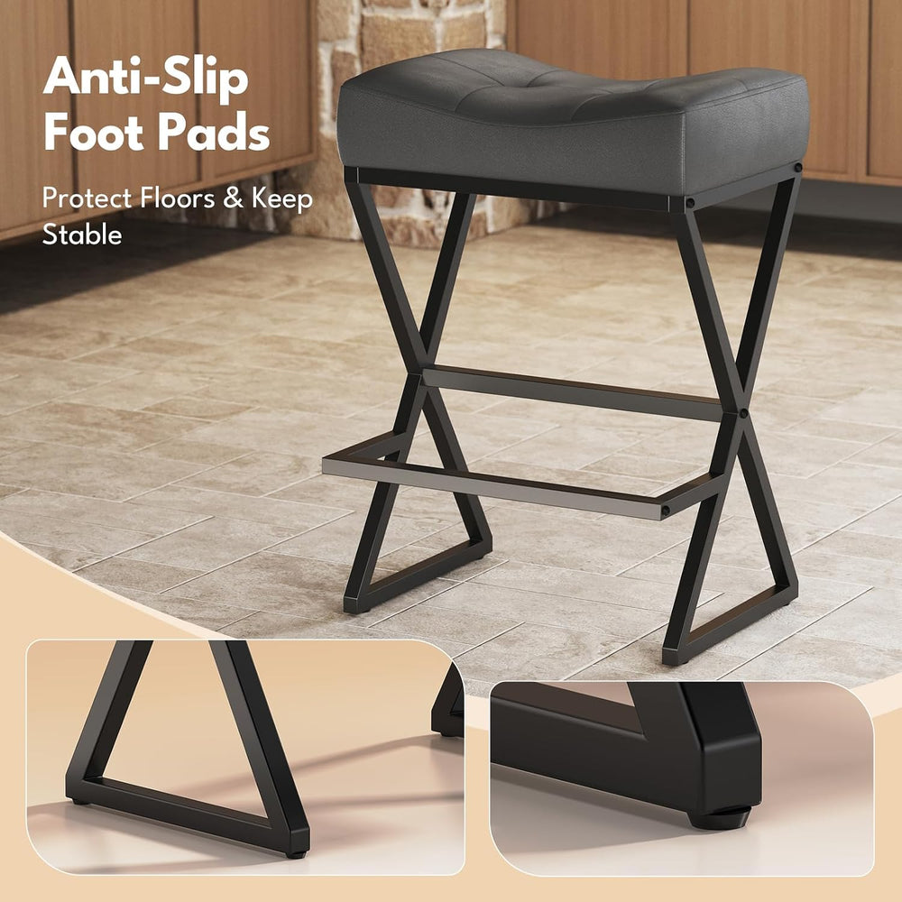 Counter Height Bar Stools Set of 2, Backless 26" Saddle Barstools, Grey