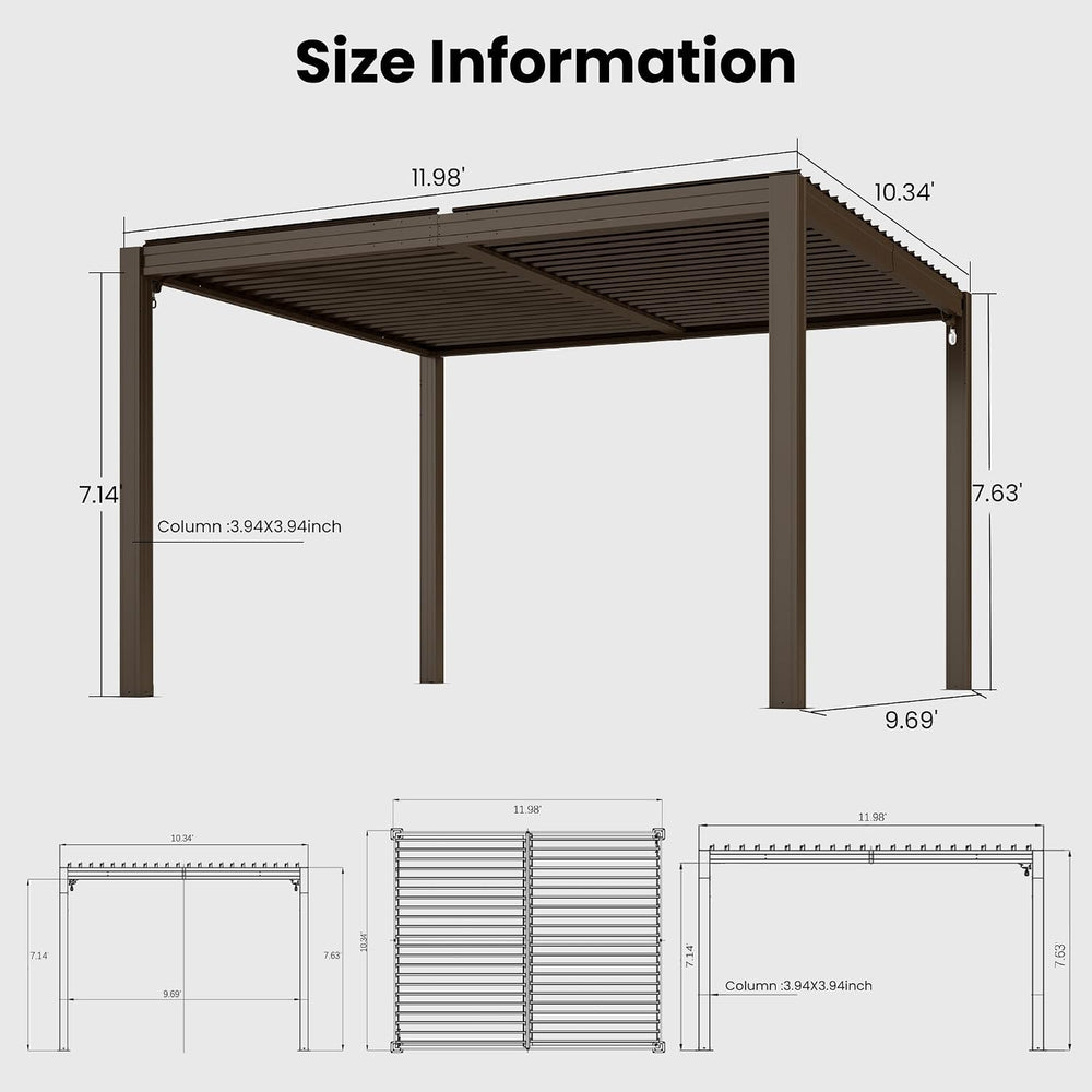 Domi Louvered Pergola 10x12, Outdoor Metal Pergola, Espresso Brown