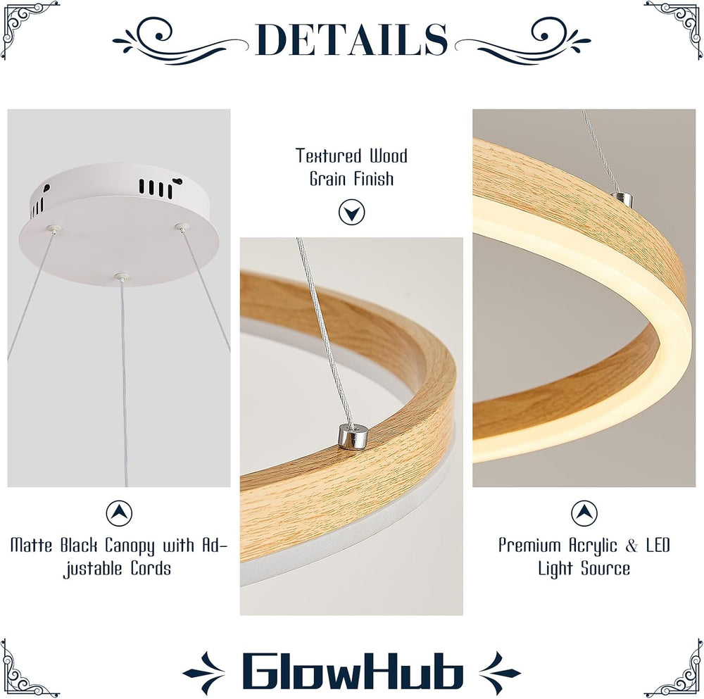 Ring Chandelier LED Wood Grain Round Chandeliers Modern Farmhouse Pendant Lig...