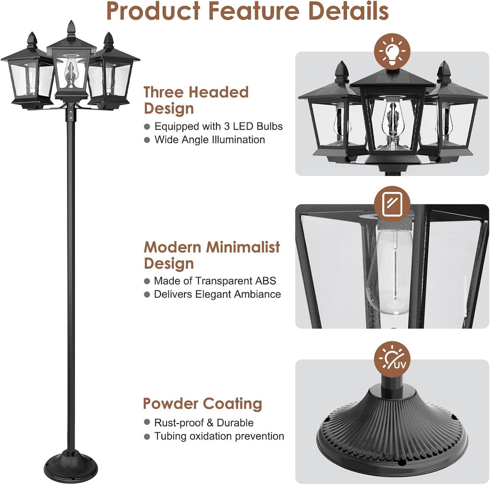 3-Head Solar Lamp Post Light, 73" Outdoor Post Lights, Solar Post Lights...