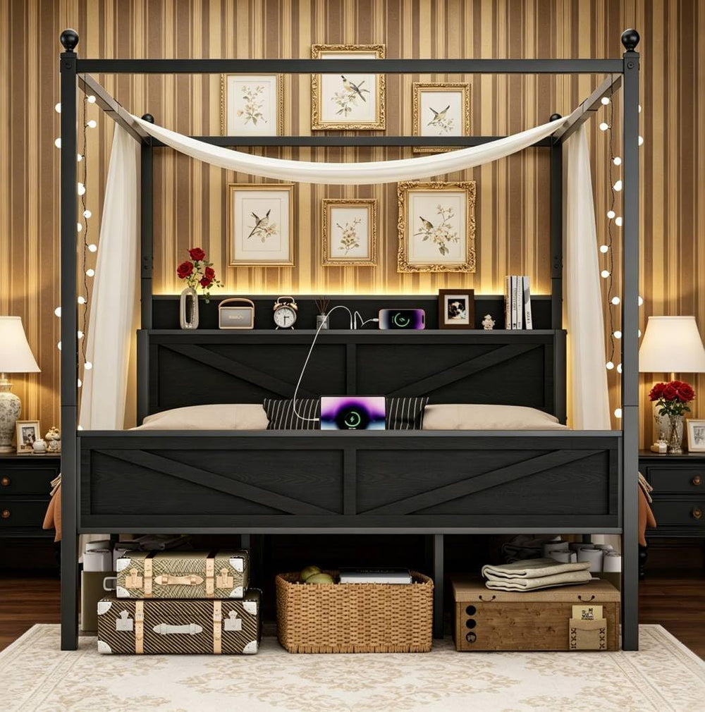 King Size Canopy Bed Frame with Storage Headboard, Black