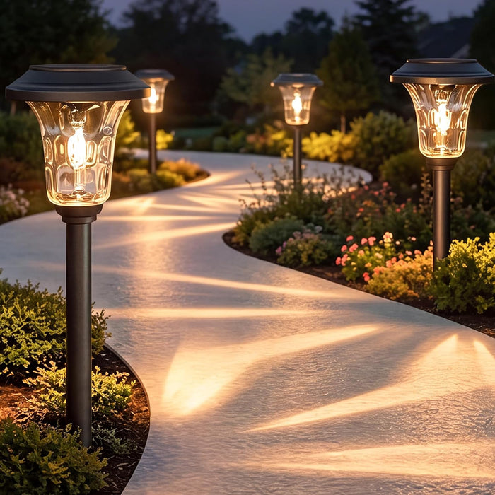 XMCOSY+ Solar Garden Lights 4 Pack, Metal Glass Solar Pathway Light Outdoor
