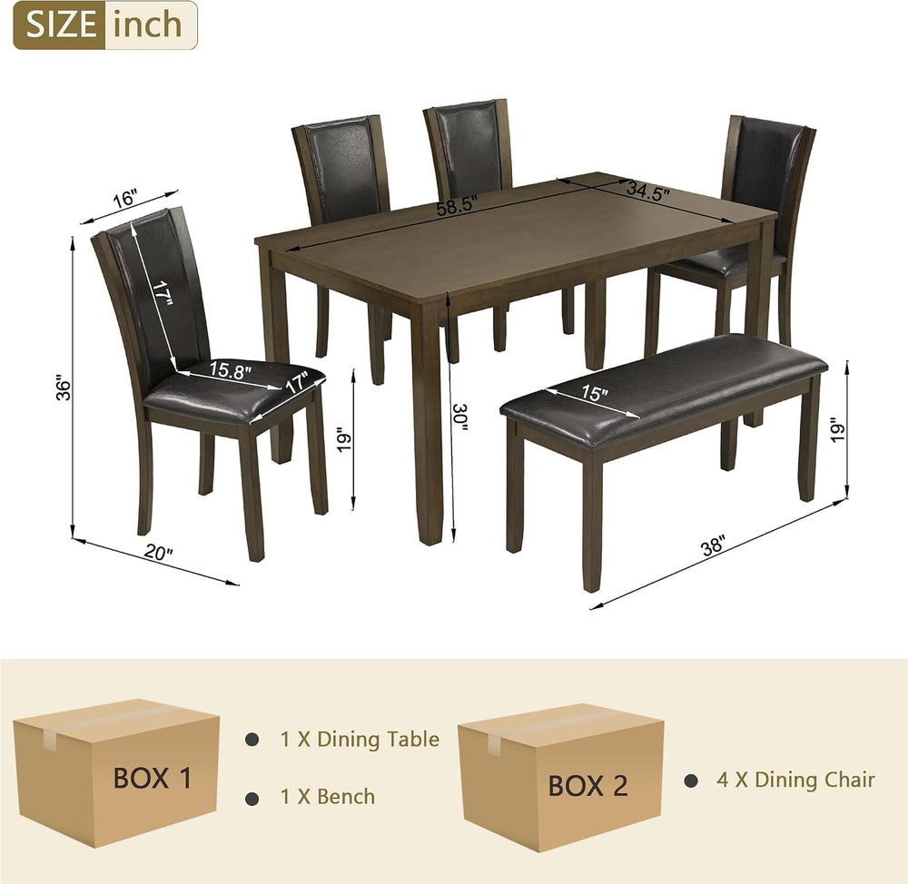 6-Piece Dining Table Set with Bench & 4 Chairs, Solid Wood, Dark Walnut