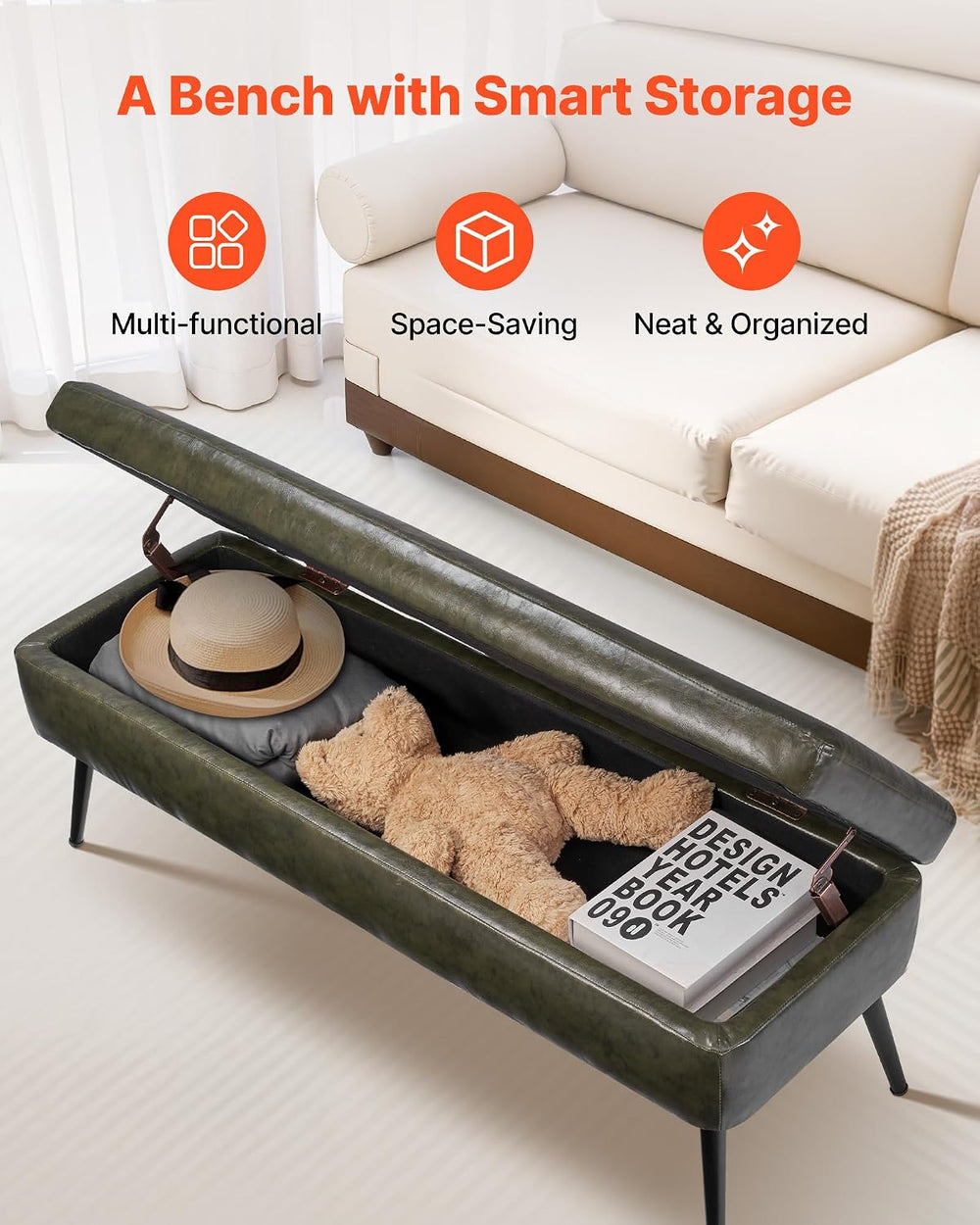 VEVOR Leather Storage Ottoman Bench, PU Leather Bench with Storage and Metal ...