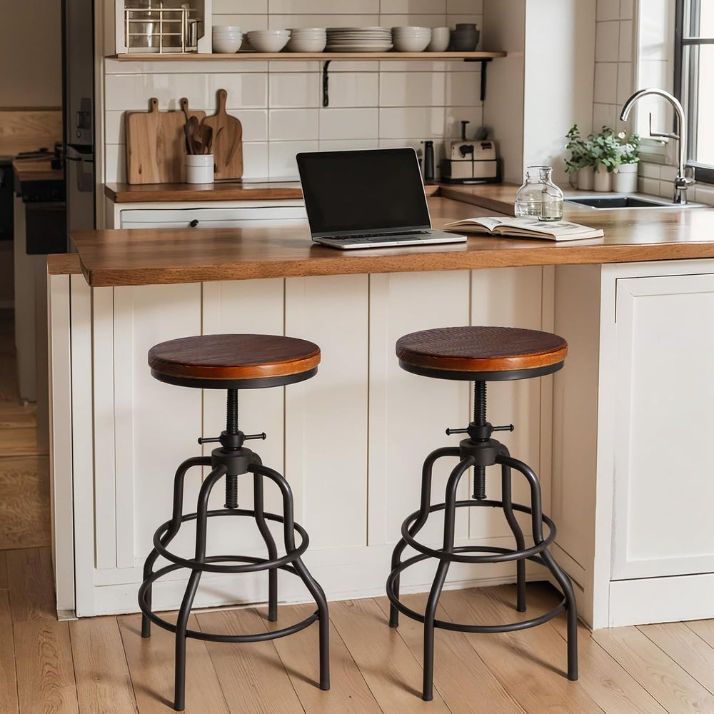 LOKKHAN Vintage Industrial Barstools - 13.8" Dia Round Wooden Brown Seat...
