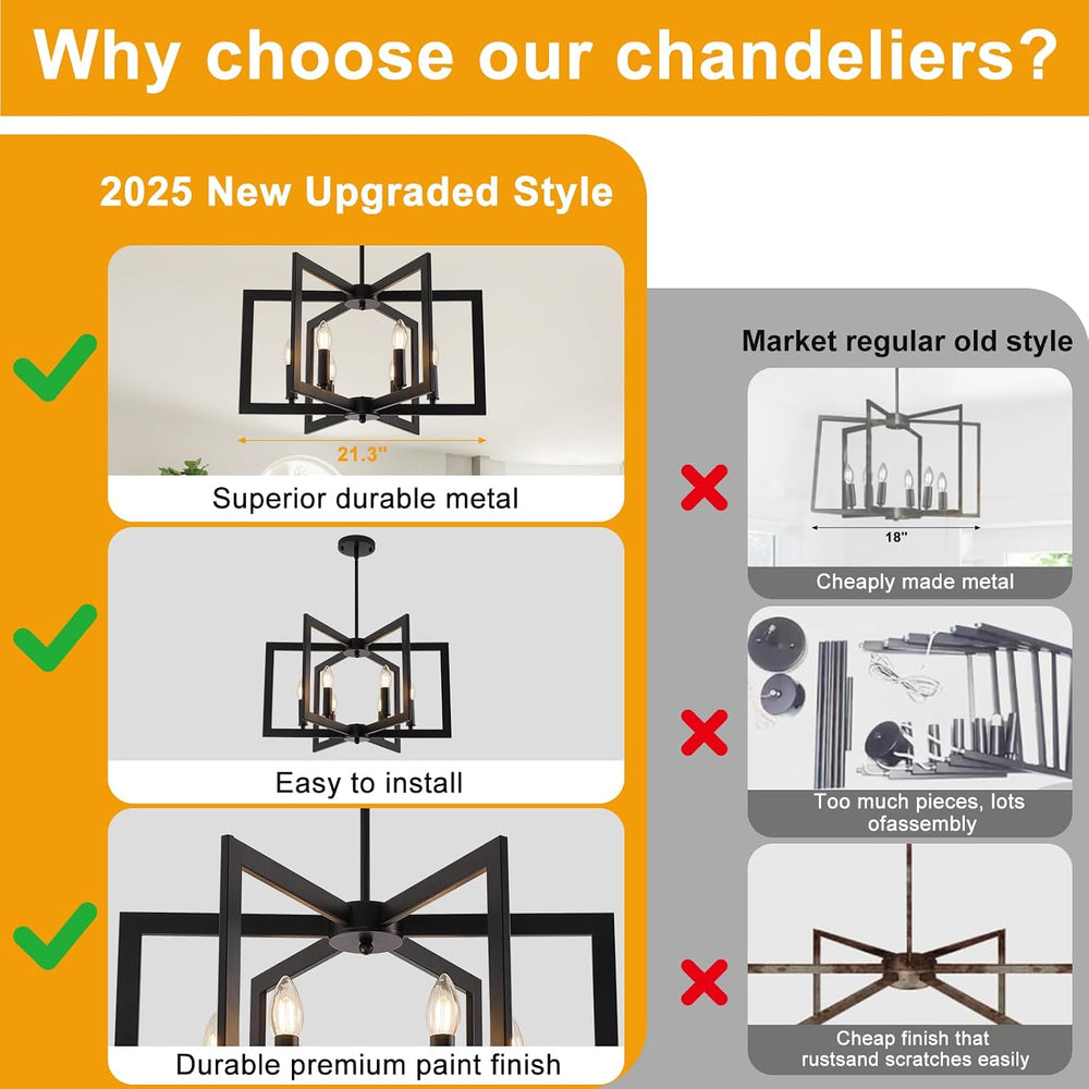 22" Black Chandelier for Dining Room, 6-Light Geometric Farmhouse Dining...