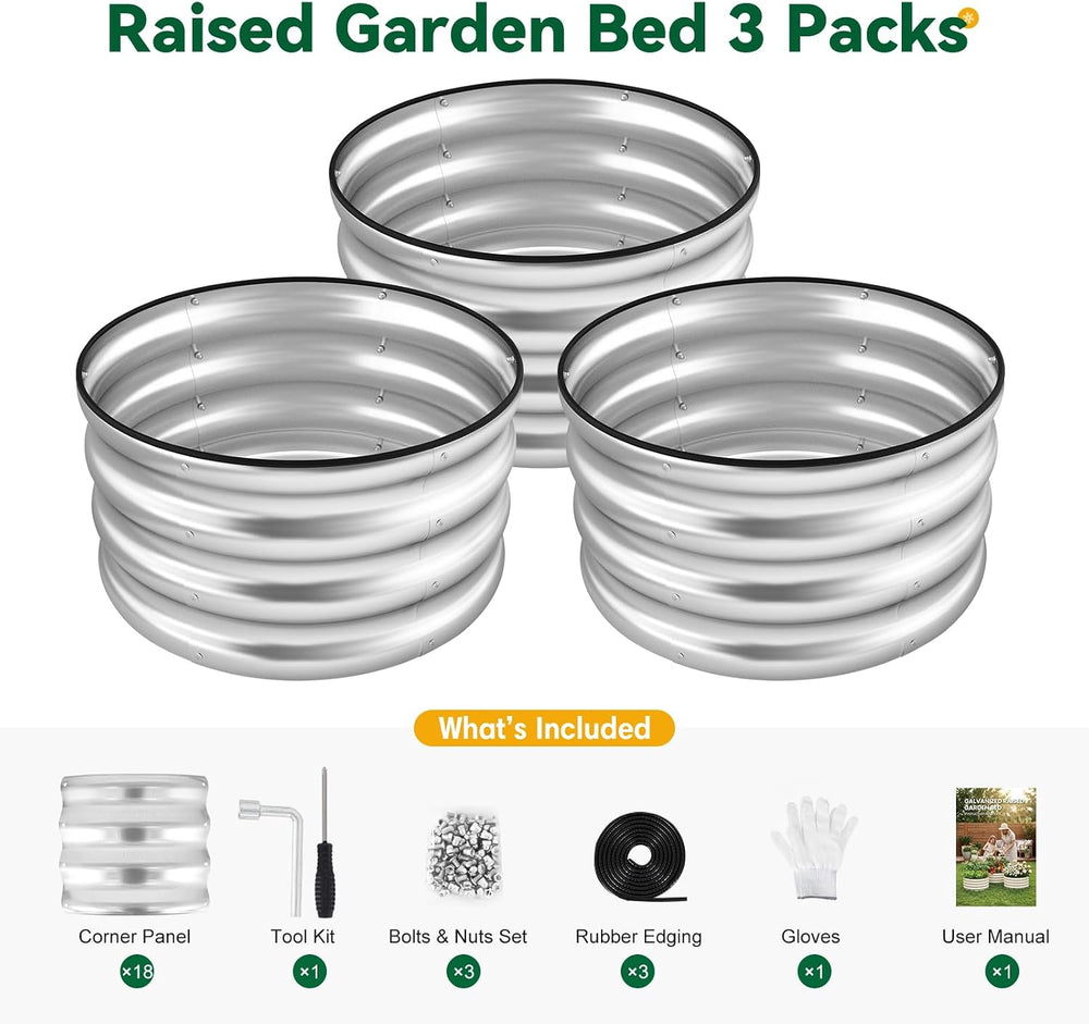 3-Pack Round Raised Garden Bed Outdoor 2x2x1ft Planter Box, Silver