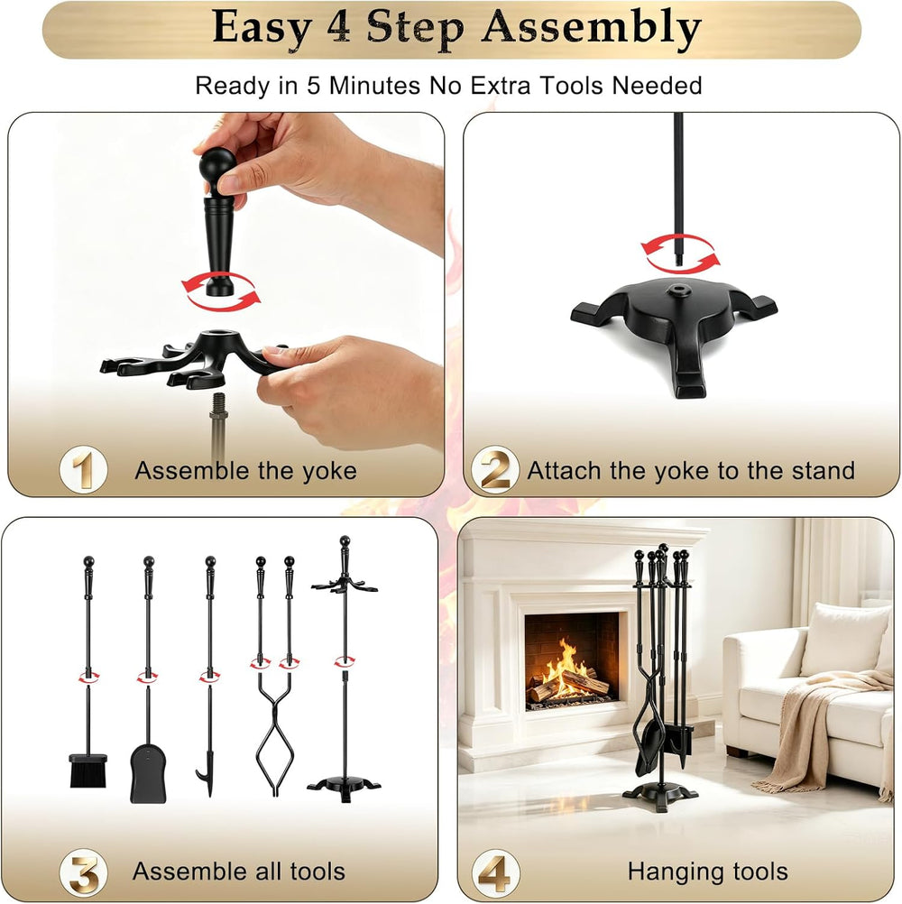 FEED GARDEN 5 Pieces Fireplace Tool Set with Stand,Wrought Iron,29.5” Black
