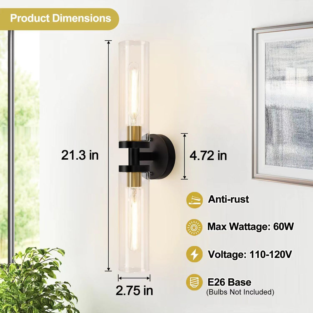 Indoi Hardwired Wall Sconces Set of Two, 22" Black and Gold Bathroom Sco...