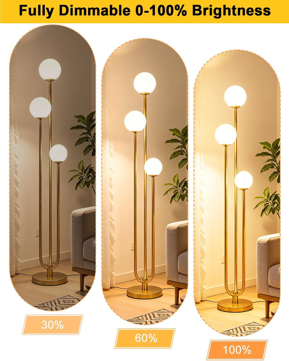 63IN 3-Light Dimmable Floor Lamp, Unique Gold Tall Standing Lamps with 3000K ...