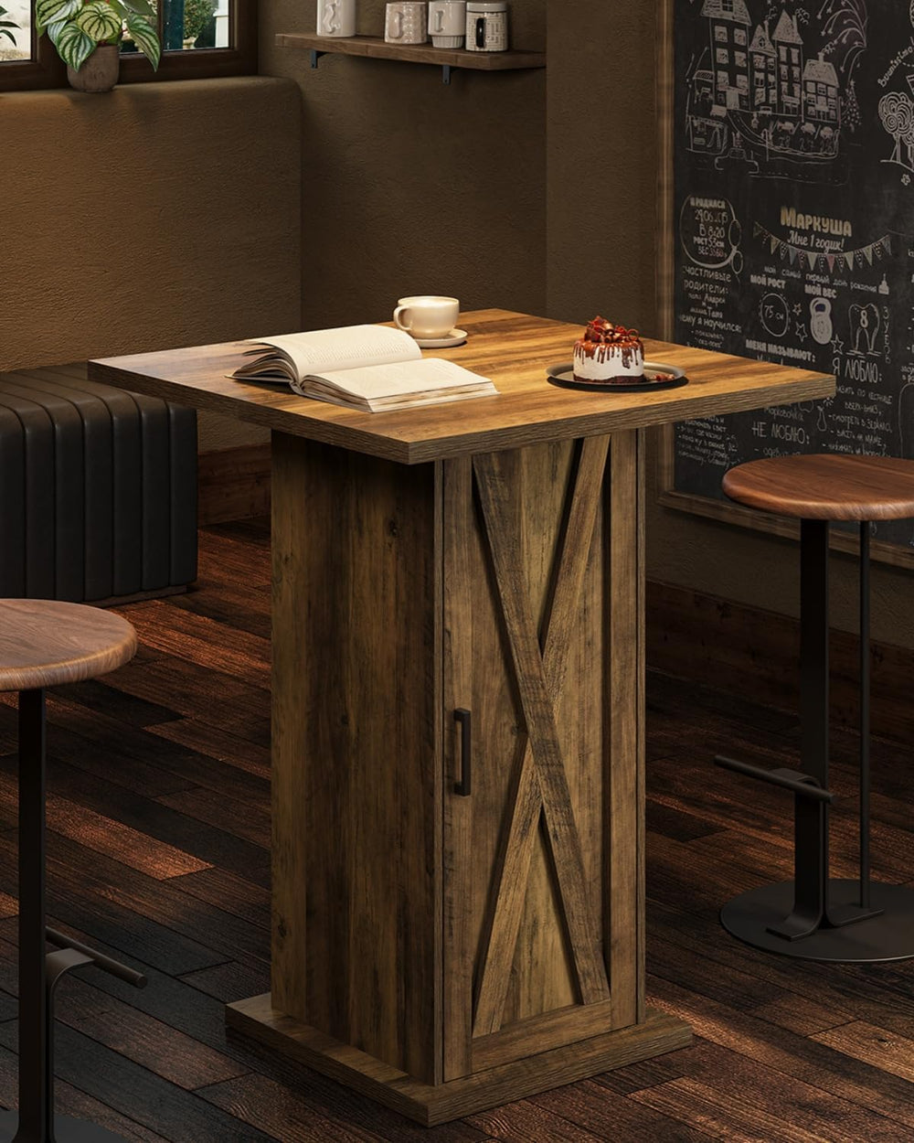 LITTLE TREE Bar Table with Storage Cabinet, 39.4" H Square High Top Pub ...