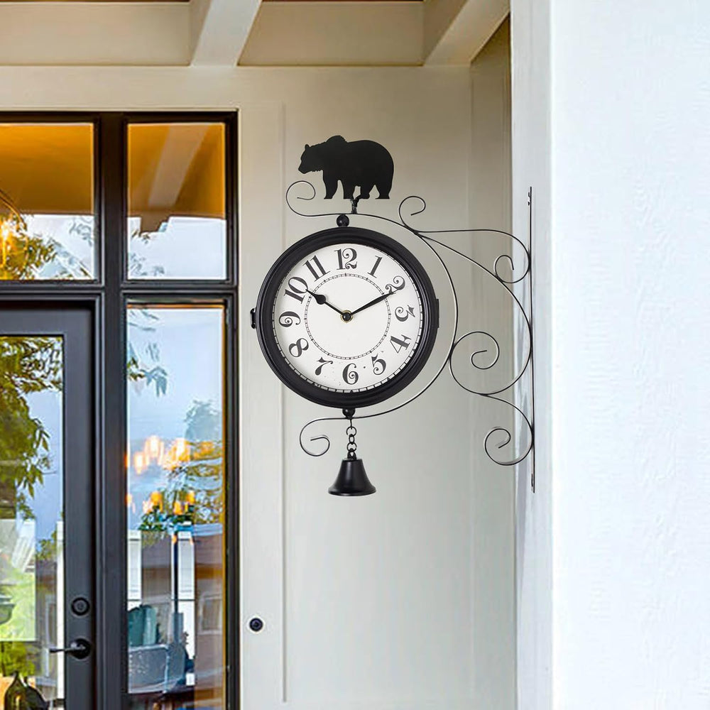 Double-Sided Outdoor Wall Clock with Interchangeable Rooster, Bird & Bear...