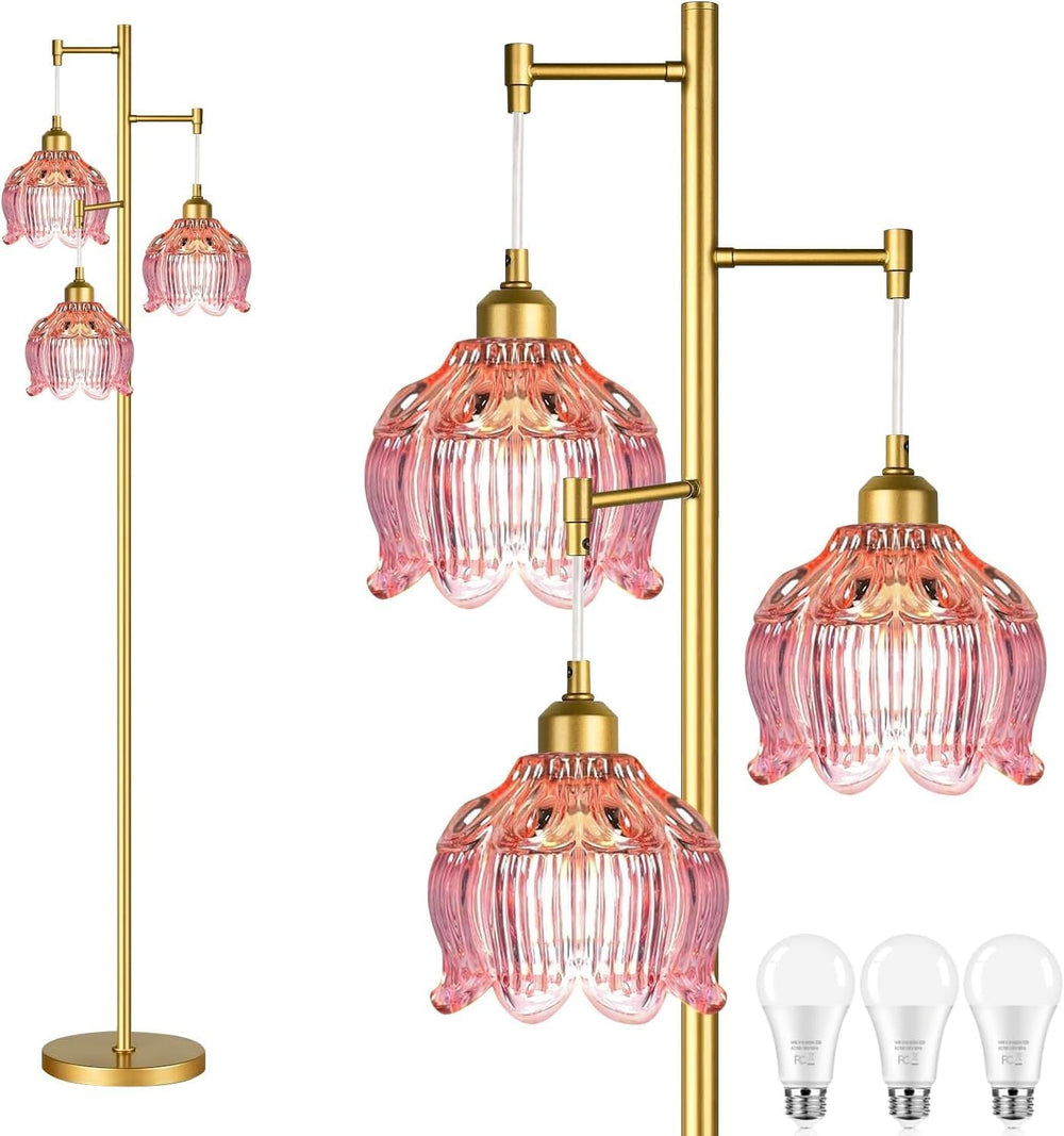 ILLMTW Glass Floor Lamp for Living Room,Bedroom,Gold Flower Mid Century Moder...