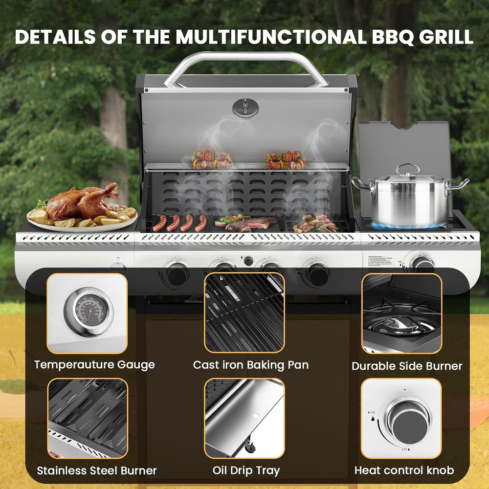 Electactic 4-Burner Gas Grill with Side Burner,Stainless Steel Propane Grill ...