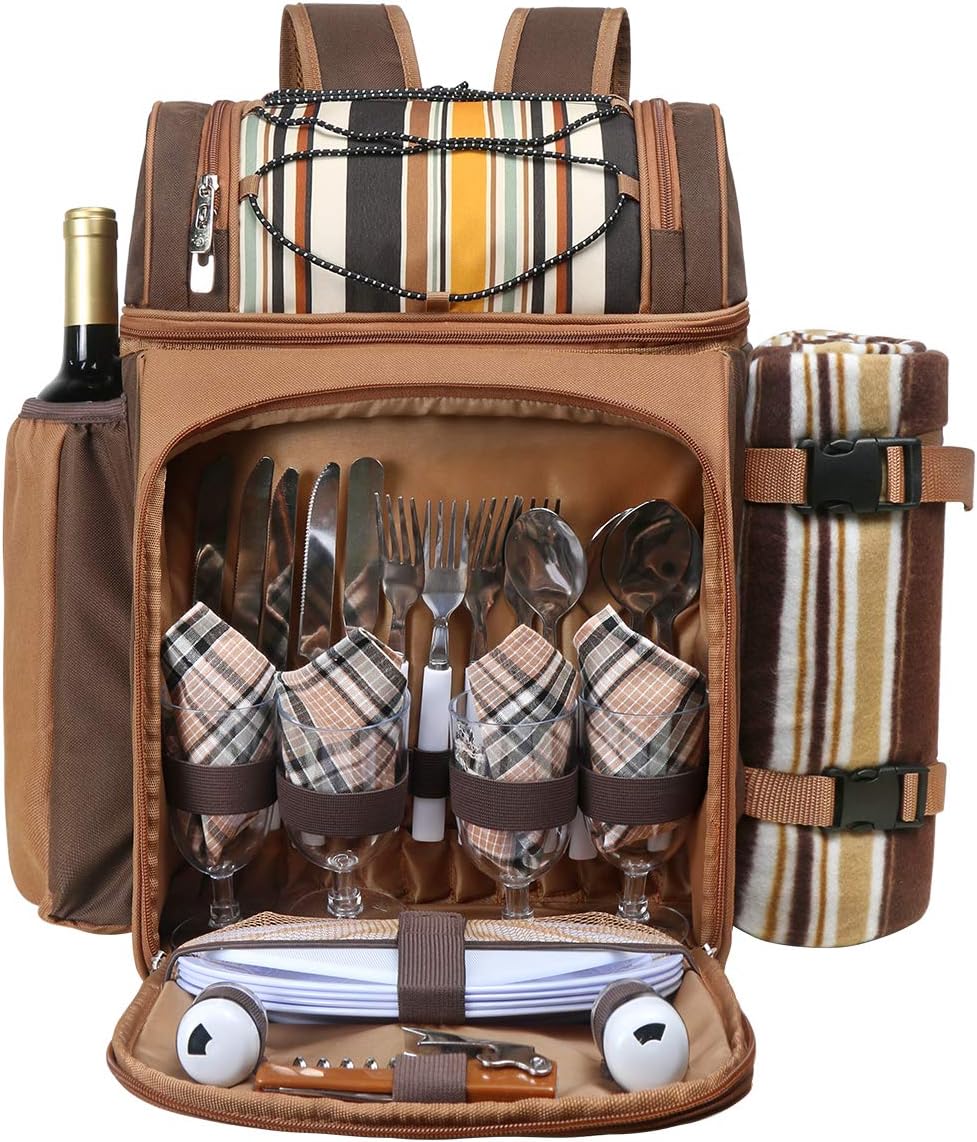 Hap Tim Picnic Basket Backpack for 4 Person with Insulated Leakproof Cooler C...