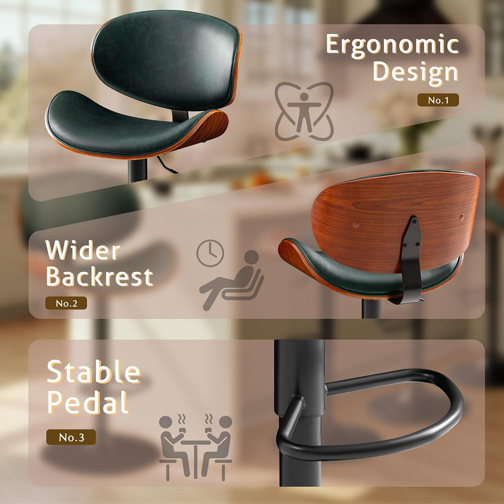 Furmax Bar Stools Set of 2 Adjustable Swivel Bentwood Barstools PU Leather Mo...