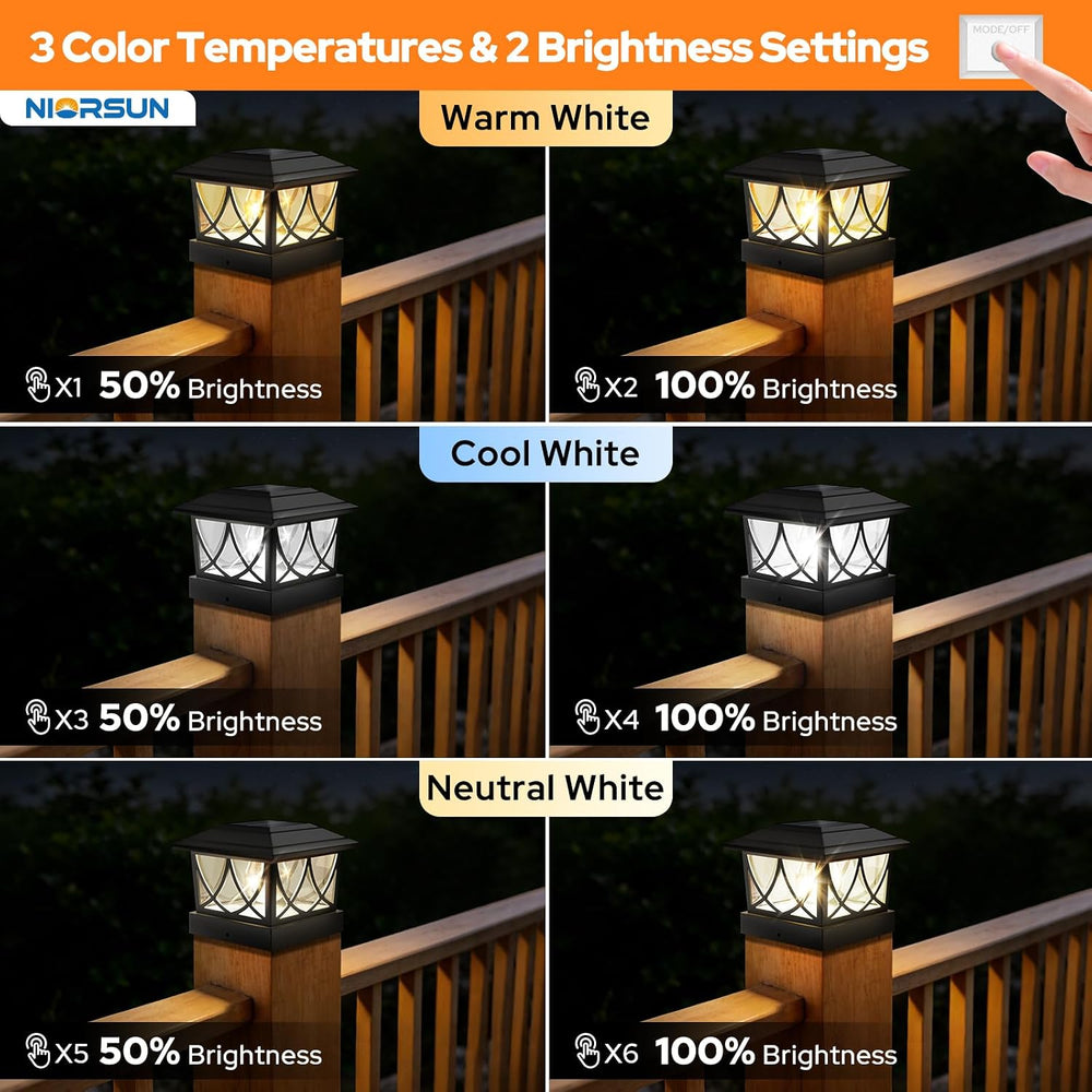 NIORSUN 4x4 Post Solar Lights, 3 Color Temps & 2 Brightnesses, 8 Pack Black