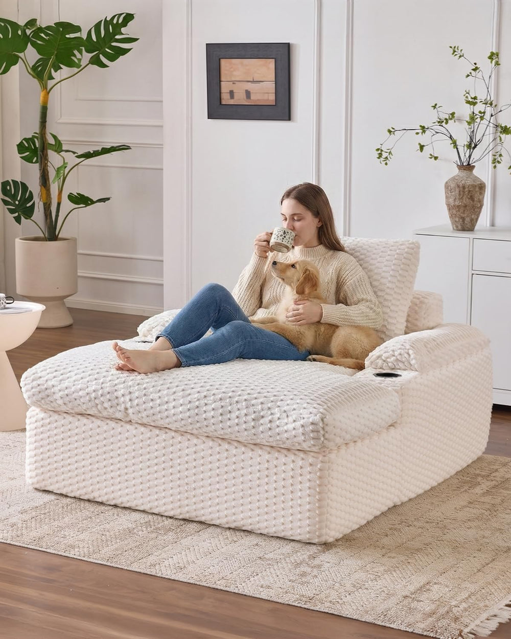 Karl home 59.8" Chaise Lounge Chair Indoor,20.1" Deep Seat, White